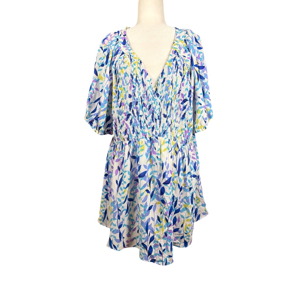 Jodifl Dress Womens 2X H20772-PLUS-CS White Blue Leaf Print Smocked Bodice